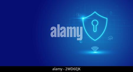 Futuristic blue shield ethics and Security abstract technology background. Artificial intelligence digital transformation and Business quantum interne Stock Photo