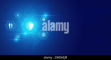 Futuristic blue shield ethics and Security abstract technology background. Artificial intelligence digital transformation and Business quantum interne Stock Photo
