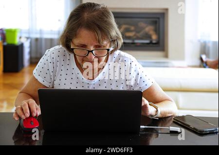Senior woman working on laptop from home Stock Photo