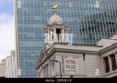 The Victoria Palace Theatre, London, on top of which stands a statue of Anna Pavlova, ballerina. Stock Photo