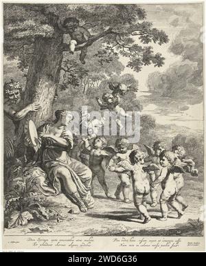 Pan A Syrinx Met Dancing Putti, Dancker Danckerts, After Cornelis Holsteyn, 1633 - 1675 print  Amsterdam paper etching single named nymphs (with NAME). (story of) Pan. cupids: 'amores', 'amoretti', 'putti' Stock Photo