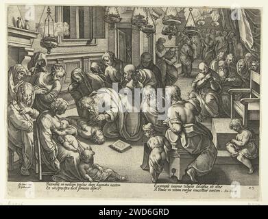 Paulus arouses Eutychus, Philips Galle (workshop of), After Jan van der Straet, 1580 - 1584 print In a room full of people, illuminated with oil lamps, Paul kneels down with a boy lying on his back on the floor. Under the performance four lines of Latin. This print is part of a 36-part series of prints of the history of the apostles. print maker: Antwerpprint maker: Haarlempublisher: Antwerp paper engraving Eutychus is raised from the dead by Paul. oil-lamp Stock Photo
