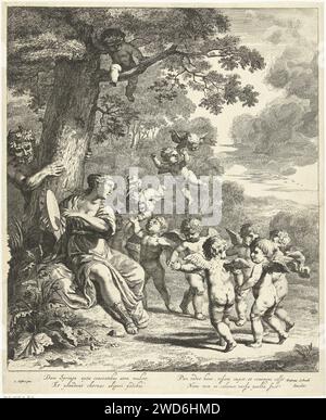 Pan a Syrinx Met Dancing Putti, Dancker Danckerts, After Cornelis Holsteyn, 1633 - 1666 print  Amsterdam paper etching single named nymphs (with NAME). cupids: 'amores', 'amoretti', 'putti'. (story of) Pan Stock Photo