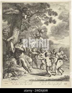 Pan a Syrinx Met Dancing Putti, Dancker Danckerts, After Cornelis Holsteyn, 1633 - 1666 print  Amsterdam paper etching (story of) Pan. single named nymphs (with NAME). cupids: 'amores', 'amoretti', 'putti' Stock Photo