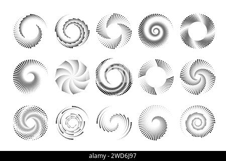 Swirl dotted halftone icons. Vortex digital futuristic logos set. Vector geometric shapes Stock Vector