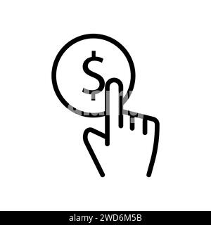 Vector black line icon hand touches a dollar coin isolated on white background Stock Vector