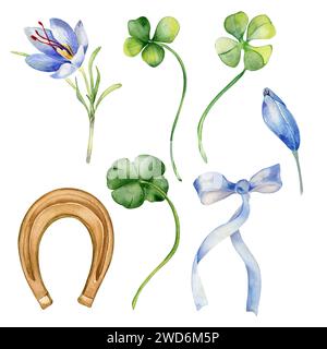 Watercolor set clover and crocus illustration isolated on white. Shamrock and ribbon bow hand drawn. Painted lucky symbol horseshoe. Design element fo Stock Photo