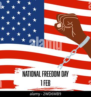 National freedom day concept, 1 february celebration. Hand drawn flag of United States with hands in handcuffs with a broken chain Stock Vector