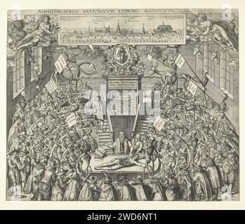 Theatrum Anatomicum from Leiden Academy, 1609, Bartholomeus Willemsz. Dolendo (Possibly), after Jan Cornelisz. van 't Woudt, 1609 print Theatrum Anatomicum, anatomical theater of the University of Leiden, 1609. In the middle a professor (Peter Paaw?) Who gives anatomical lessons standing behind a table on which a dissected human body; His Amanuensis stands with him. All sorts of frame and skeletons of people and animals are set up in the entire amphitheater between the spectators present. Behind the professor a cupboard with medical instruments, on which the Archium instrumentorum anatomicorum Stock Photo