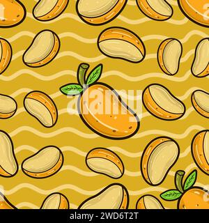 Mango Fruit Seamless Pattern in Cartoon Style. Perfect For Background, Backdrop, Wallpaper and Cover Packaging. Vector Illustration. Stock Vector