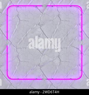 Square glowing neon frame on a white relief plastered wall. Purple glow. 3d illustration. Stock Photo
