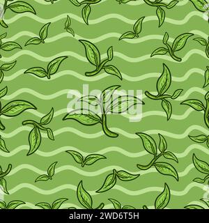 Tea Leaf Seamless Pattern in Cartoon Style. Perfect For Background, Backdrop, Wallpaper and Cover Packaging. Vector Illustration. Stock Vector
