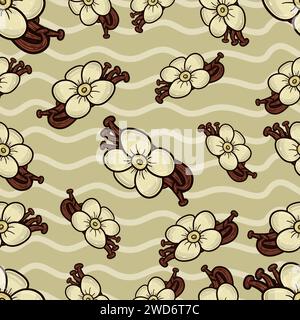 Vanilla Flower Seamless Pattern in Cartoon Style. Perfect For Background, Backdrop, Wallpaper and Cover Packaging. Vector Illustration. Stock Vector