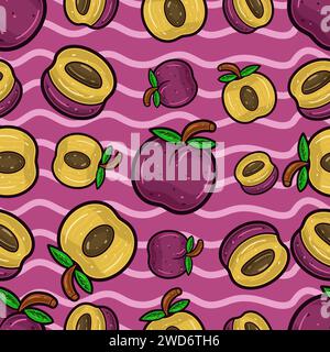 Plum Fruit Seamless Pattern in Cartoon Style. Perfect For Background, Backdrop, Wallpaper and Cover Packaging. Vector Illustration. Stock Vector