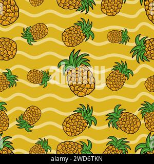 Pineapple Fruit Seamless Pattern in Cartoon Style. Perfect For Background, Backdrop, Wallpaper and Cover Packaging. Vector Illustration. Stock Vector