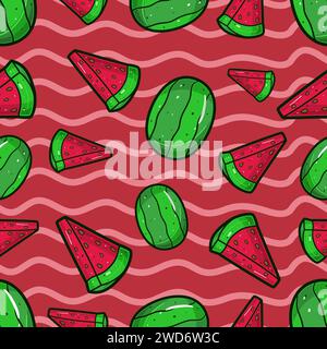 Watermelon Fruit Seamless Pattern in Cartoon Style. Perfect For Background, Backdrop, Wallpaper and Cover Packaging. Vector Illustration. Stock Vector