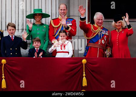 File photo dated 17/06/23 of (left to right) Prince George, the Princess of Wales, Prince Louis, the Prince of Wales, Princess Charlotte, King Charles III and Queen Camilla on the balcony of Buckingham Palace, London, to view the flypast following the Trooping the Colour ceremony in central London. The Princess of Wales is spending her fourth day in hospital after receiving a visit from her husband the Prince of Wales. William kept Kate company at her bedside in the London Clinic during a low key, private trip to see his wife on Thursday. Issue date: Friday January 19, 2024. Stock Photo