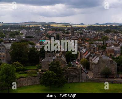 An aerial view of historic cityscape nestled amidst majestic mountains Stock Photo