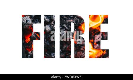 Creative designer text Fire on white background. Wood burning coals Stock Photo