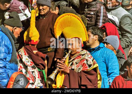 Buddhist Lama playing trumpet, musical instrument Gyaling, Gustor Festival, Pethup Gompa, Spituk Monastery, Leh, Ladakh, Kashmir, India, Asia Stock Photo