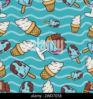 Ice Cream Seamless Pattern in Cartoon Style. Perfect For Background, Backdrop, Wallpaper and Cover Packaging. Vector Illustration. Stock Vector