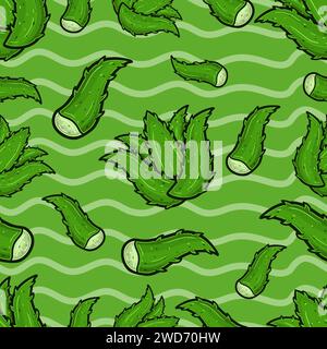 Aloe Vera Seamless Pattern in Cartoon Style. Perfect For Background, Backdrop, Wallpaper and Cover Packaging. Vector Illustration. Stock Vector