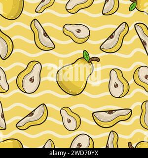 Pear Fruit Seamless Pattern in Cartoon Style. Perfect For Background, Backdrop, Wallpaper and Cover Packaging. Vector Illustration. Stock Vector