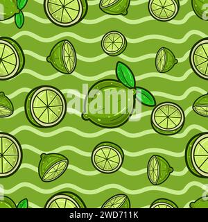 Lime Fruit Seamless Pattern in Cartoon Style. Perfect For Background, Backdrop, Wallpaper and Cover Packaging. Vector Illustration. Stock Vector
