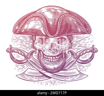 Pirate skull in hat tricorne and crossed sabers. Skeleton with blades. Hand drawn vintage vector illustration Stock Vector