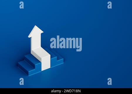 White arrow with stair on blue background, business way concept, minimal style, 3d rendering Stock Photo
