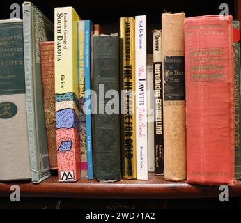 A close-up of a stack of books on a shelf Stock Photo