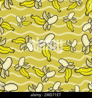 Banana Fruit Seamless Pattern in Cartoon Style. Perfect For Background, Backdrop, Wallpaper and Cover Packaging. Vector Illustration. Stock Vector