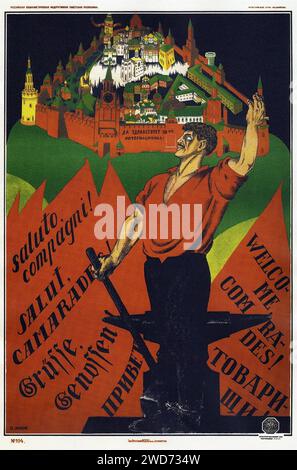 Dmitry Moor, Long live the 3rd International! 1920 - Vintage Soviet Advertising and propaganda - 'Да здравствует 3-й Интернационал!' 'Long live the 3rd International!'  The poster shows a robust worker raising his fist in solidarity against a colorful background featuring an idyllic portrayal of a socialist utopia. The worker is depicted in a heroic pose, with flags in various languages heralding the third international, symbolizing global socialist unity. The graphic style is bold and optimistic, characteristic of Soviet posters, aiming to inspire and unite the proletariat around the world. Stock Photo