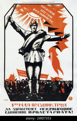 Dmitry Moor, Long live the international unity of the proletariat! 1920 - Vintage Soviet Advertising and propaganda - 'Пролетарии всех стран, соединяйтесь!' - 'Workers of the world, unite!'  The image features a strong, central figure of a worker with one arm raised and the other extended forward, rallying the crowd. In the background, there are masses of people carrying red banners with revolutionary slogans. The graphic style is reminiscent of Soviet propaganda posters, with bold colors, stark contrasts, and a focus on the heroic portrayal of the worker. Stock Photo