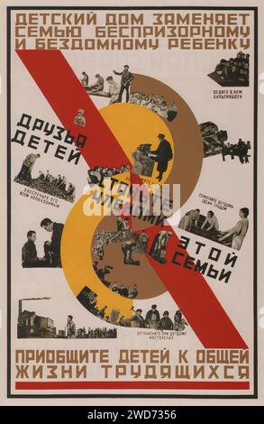 Help the Orphans. 1926 - Vintage Soviet Advertising and propaganda - 'Работницы под знамя 8 Марта. Да здравствует международный день работниц!' - 'Working women under the banner of March 8. Long live the international women's day!'  The poster exhibits a collage of women's faces from different walks of life arranged in a dynamic composition around the Soviet symbol of the hammer and sickle, with the text celebrating International Women's Day. The style is a blend of photomontage and bold typography, characteristic of Soviet graphic arts. Stock Photo