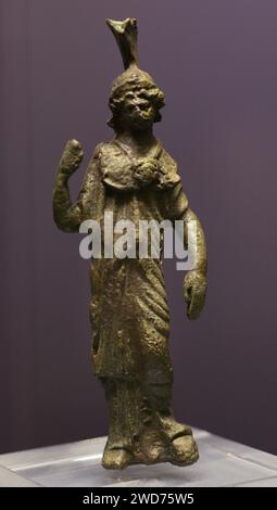 Statuette of Minerva. Bronze. Height: 13 cm. 2nd-3rd century AD. From the House of Cantaber, in the ancient Roman city of Conimbriga. Condeixa-a-Nova, Coimbra, Portugal. Conimbriga Monographic Museum. Condeixa-a-Velha, Portugal. Stock Photo