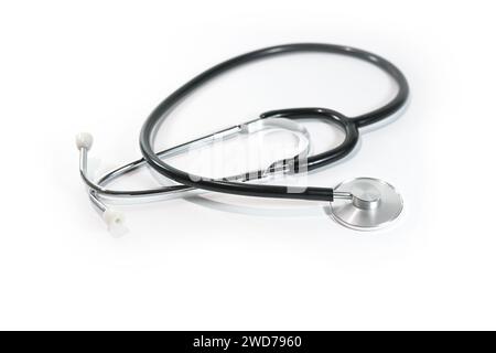 Stethoscope on a white background, medical diagnostic device for auscultation, or listening to internal body sounds, health care concept, copy space, Stock Photo