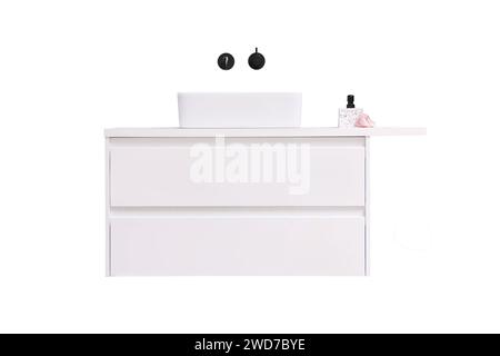 White bathroom sink with two taps installed in the wall. Isolated on a white background. Modern bathroom. Stock Photo