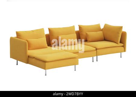 Big soft sofa with chaise longue. Modern living room furniture isolated on a white background. 4 seater comfortable sofa. Stock Photo