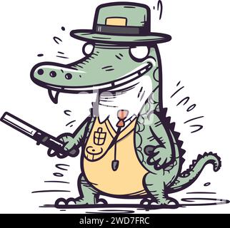 Cartoon crocodile gangster holding a gun. Vector illustration. Stock Vector