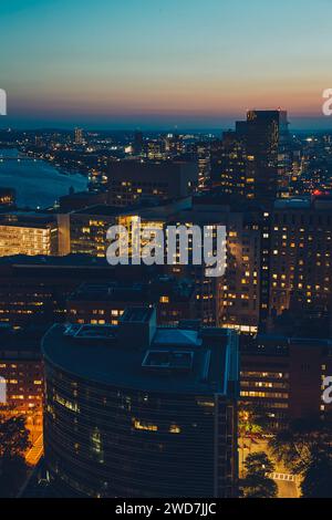 An aerial view of the Boston skyline at sunset. Stock Photo