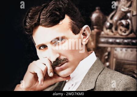 Portrait of Nikola Tesla (1856-1943) at age 40. Colorized photo Stock Photo