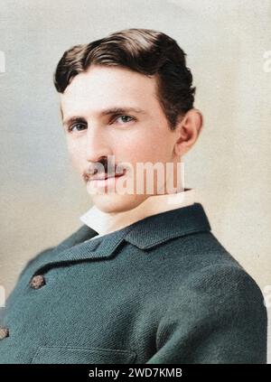 Portrait of Nikola Tesla by Sarony, c 1895 colorized version Stock Photo