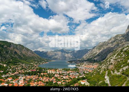 Old harbor and gulf of Kotor seen from above. Stock Photo