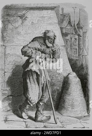 Italian Beggar. Facsimile from an engraving by Jacques Callot (1592-1635). 'Moeurs, usages et costumes au moyen-âge et à l'époque de la Renaissance', by Paul Lacroix. Paris, 1878. Stock Photo