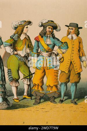 History of France. 1600-1670. From right to left, 1: merchant, 2: soldier, 3: knight. Chromolithography. 'Historia Universal', by César Cantú. Volume VIII, 1881. Stock Photo