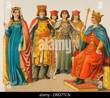 History of Germany. 1200. From left to right, 12: Anna of Hohenstaufen (1230-1307), daughter of Frederick II, 13: Archduke Henry of Breslau, ca. 1258-1290, 14-15-16: Counts, 17: Frederick II, Holy Roman Emperor (1194-1250). Chromolithography. 'Historia Universal', by César Cantú. Volume X, 1881. Stock Photo