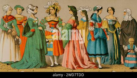 History of Germany. 1500-1550. Women's dresses from different social classes. Chromolithography. 'Historia Universal', by César Cantú. Volume VII, 1881. Stock Photo