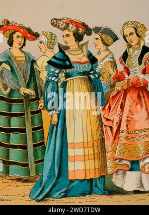 History of Germany. 1500-1550. Women's dresses from different social classes. Chromolithography. 'Historia Universal', by César Cantú. Volume VII, 1881. Stock Photo