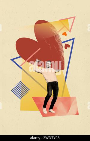 Vertical collage picture of black white colors cool guy dancing carry big painted heart isolated on beige background Stock Photo